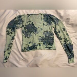 Free People Light Green with Blue Roses V-Neck Sweater